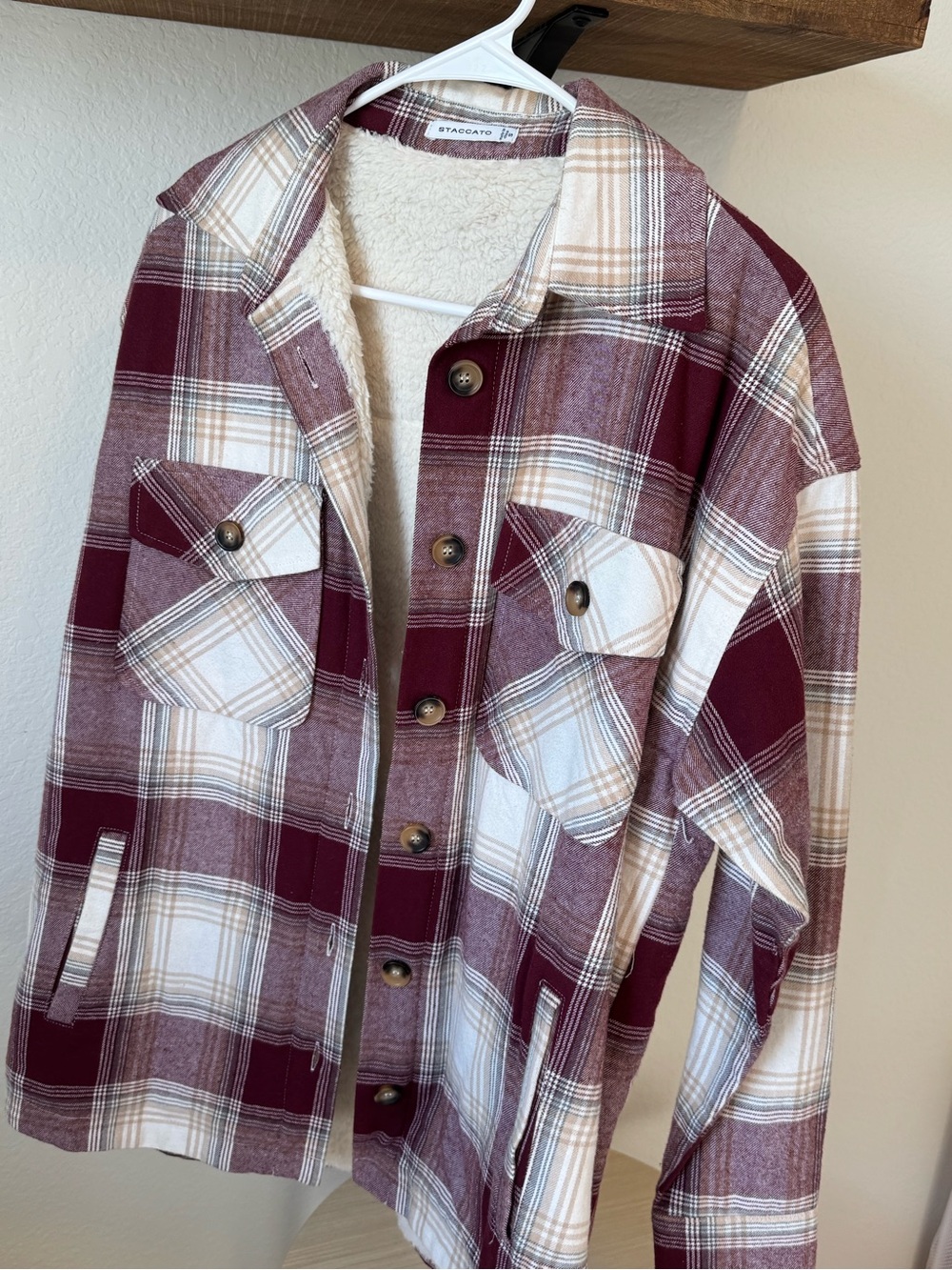 Staccato Women's Burgundy Plaid Sherpa-Lined Shacket